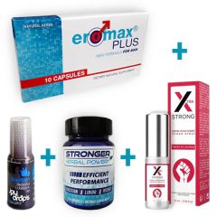   Max Power csomag – Alkalmi potencianövelő kapszula Eromaxplus + Potencianövelő Kapszula Stronger® +  Késleltető spray /JoyDrops®  + Erekció Gel Joydrops®